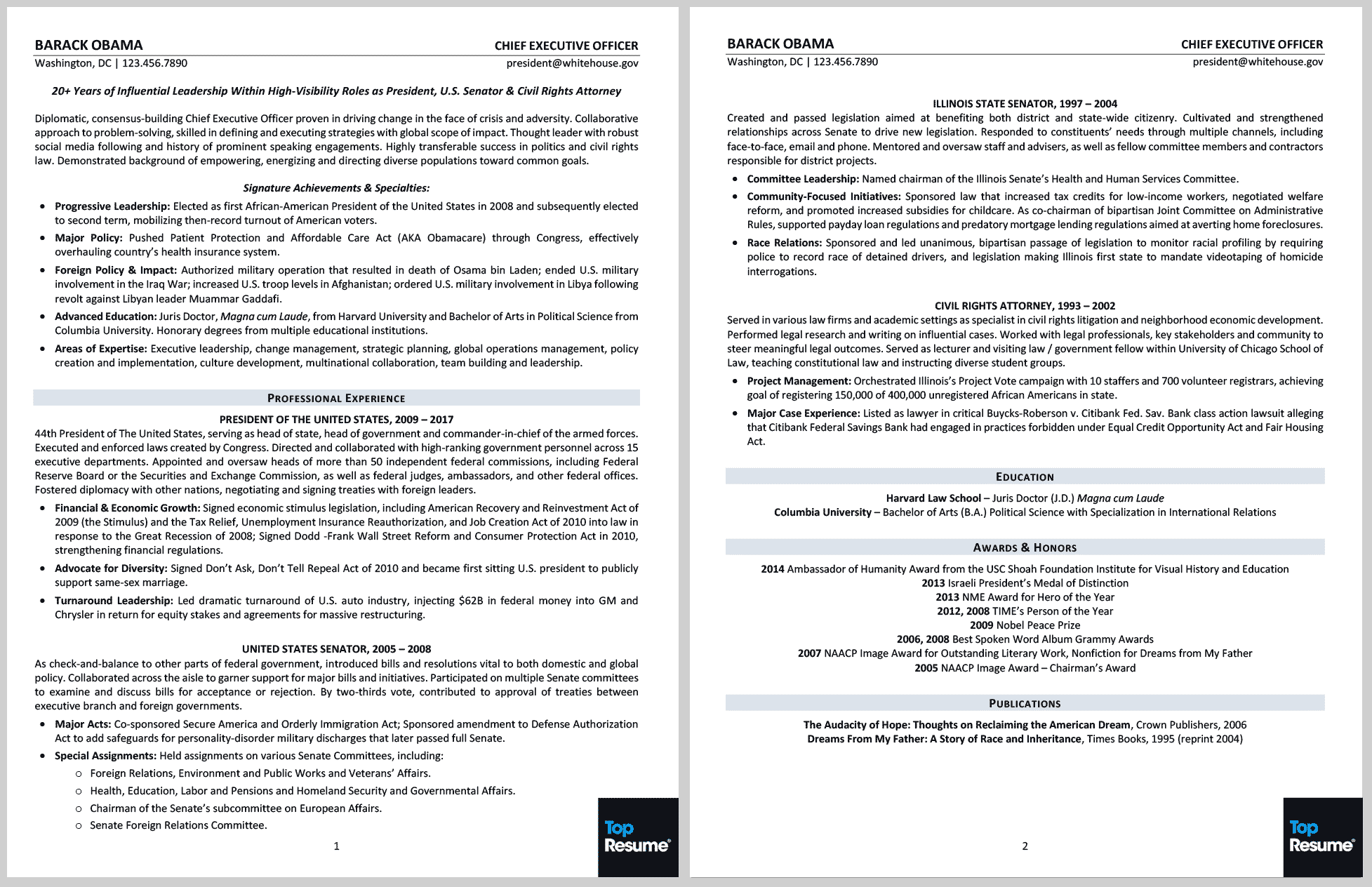 Resume Mr. Barack Obama