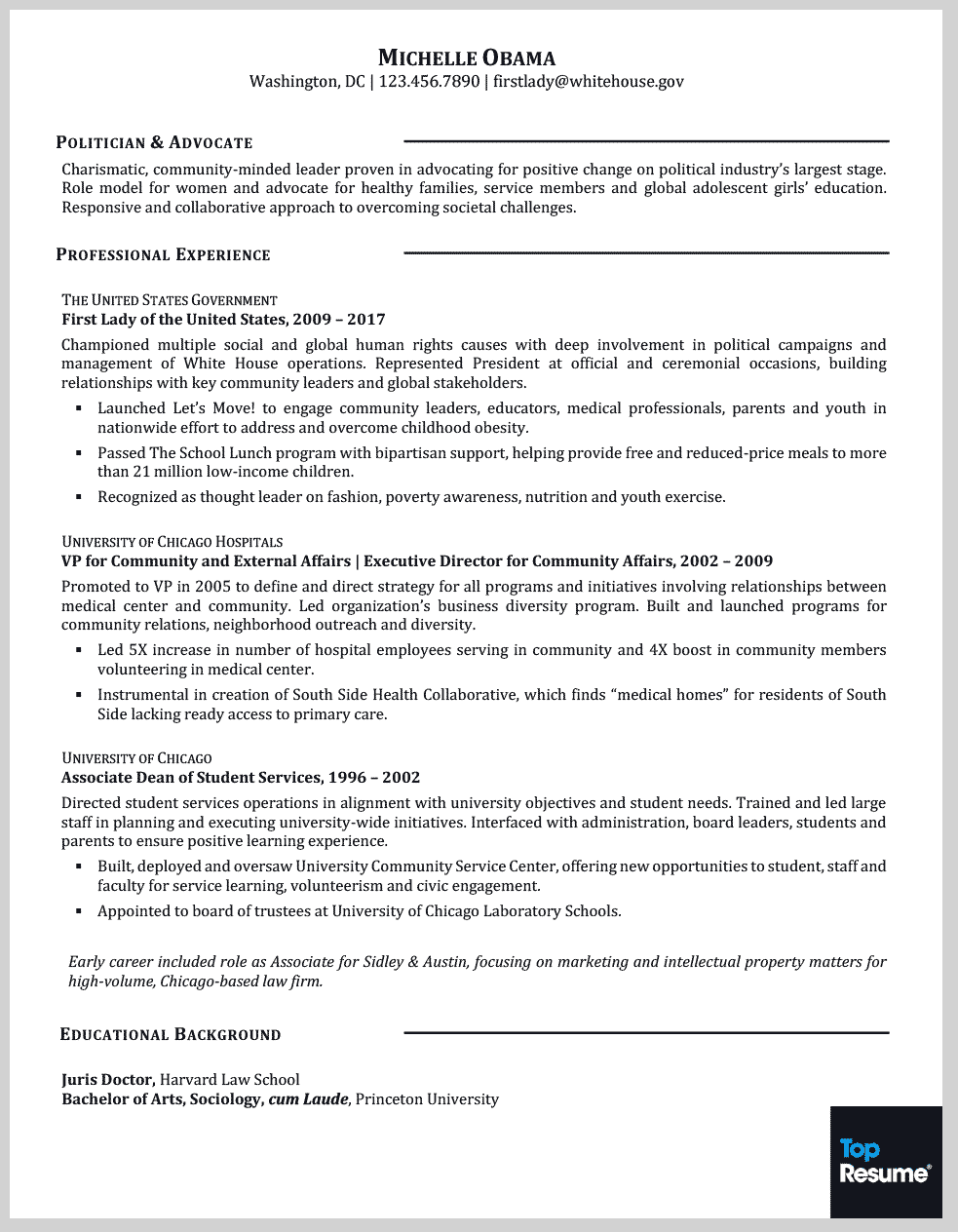 Resume Mrs. Michelle Obama