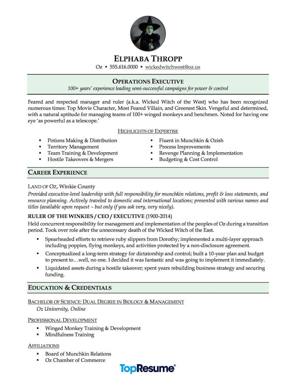 Elphaba Thropp (a.k.a. Wicked Witch of the West) resume
